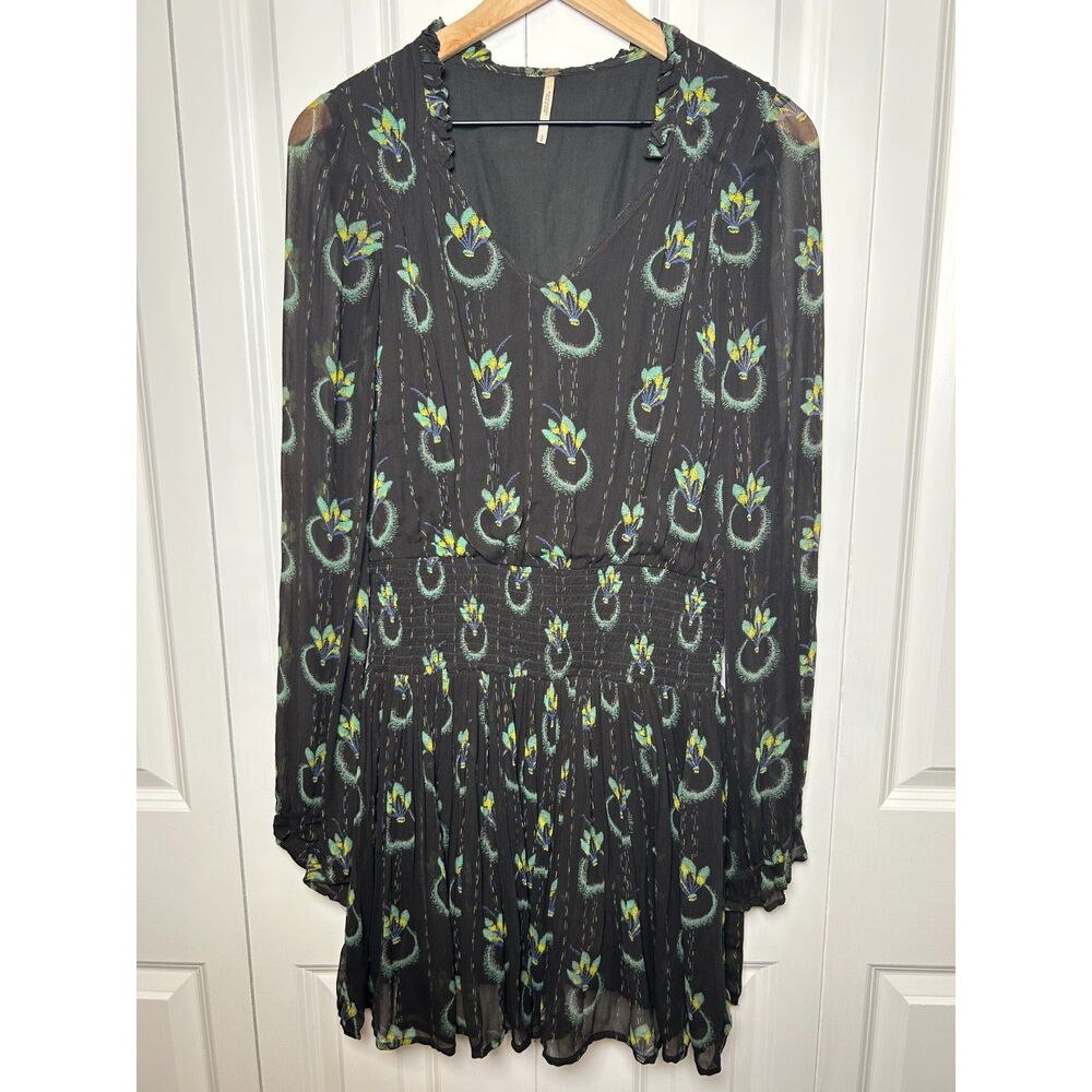 Free People Wild Horses Peacock Print Mini Dress Black Chiffon Smocked Size S